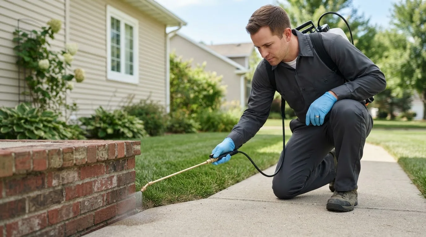 Pest control technician treating a home near Epping, ND