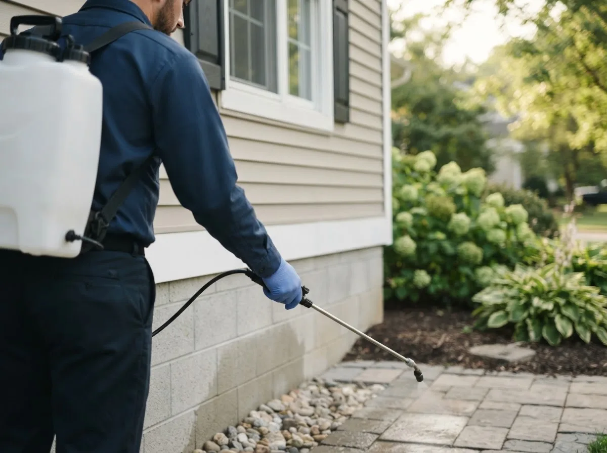 Pest control technician inspecting a home in Epping, ND
